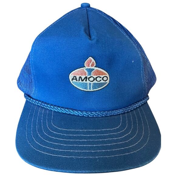 Vintage Amoco Gas Station Hat Blue Mesh Trucker Cap KC Crown Rope Snapback - Picture 1 of 7
